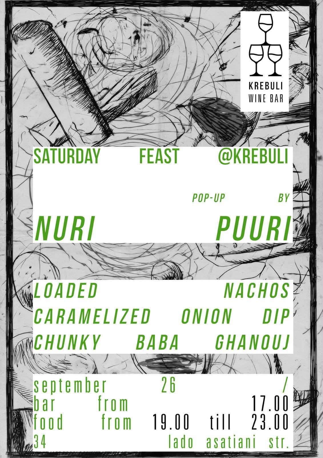 Poster for Saturday Feast at Krebuli. Pop up by Nuri Puuri